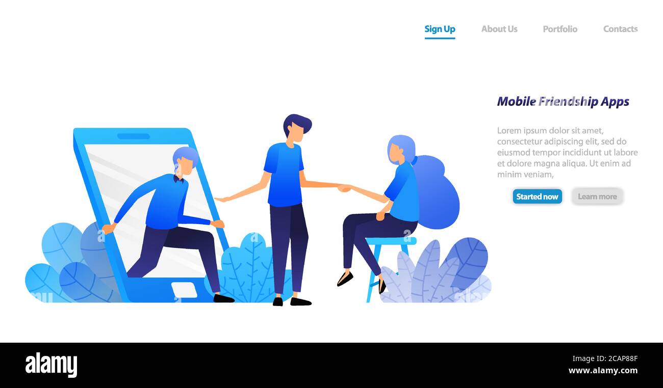 le persone escono dal cellulare e invitano a incontrarsi. amicizia, introduzione e matchmaking applicazione. concetto di illustrazione vettoriale per landing page, web, Illustrazione Vettoriale