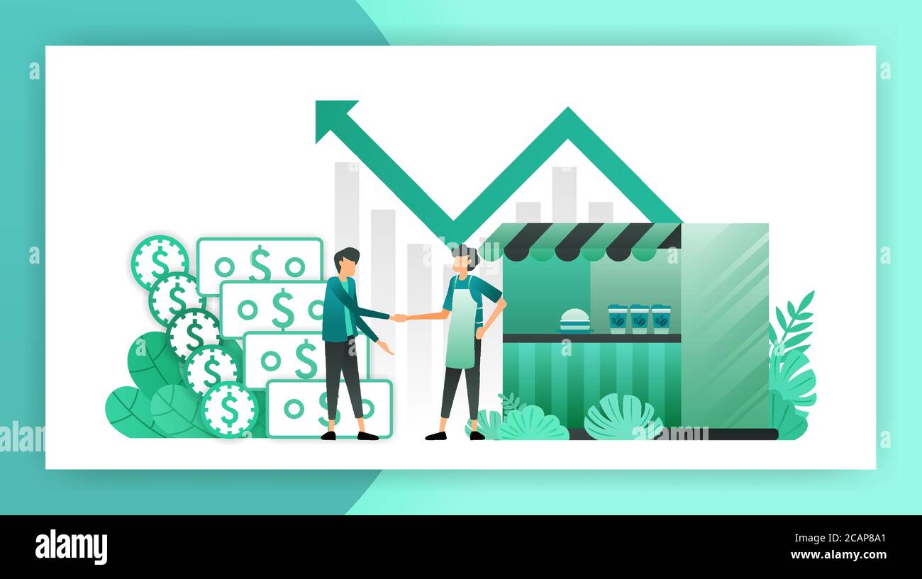 piccole imprese prestiti. negozio a bordo strada che ottenere prestiti da banca senza collaterale. prestito debito per sviluppare il business e aiutare gli imprenditori e proprietari. ve Illustrazione Vettoriale