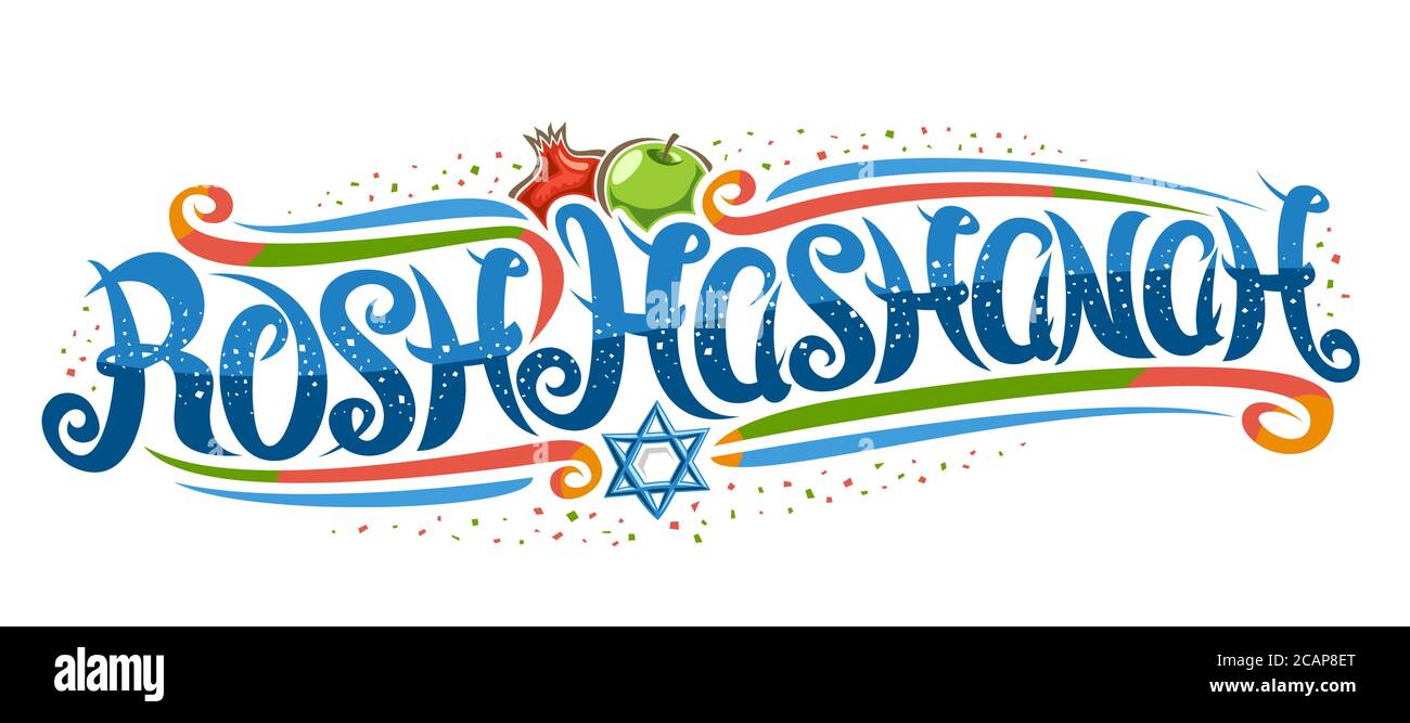 Banner vettoriale per l'ebreo Rosh Hashanah, carattere calligrafico creativo, mela cartoon e melograno, fiori decorativi e confetti, biglietto d'auguri w Illustrazione Vettoriale