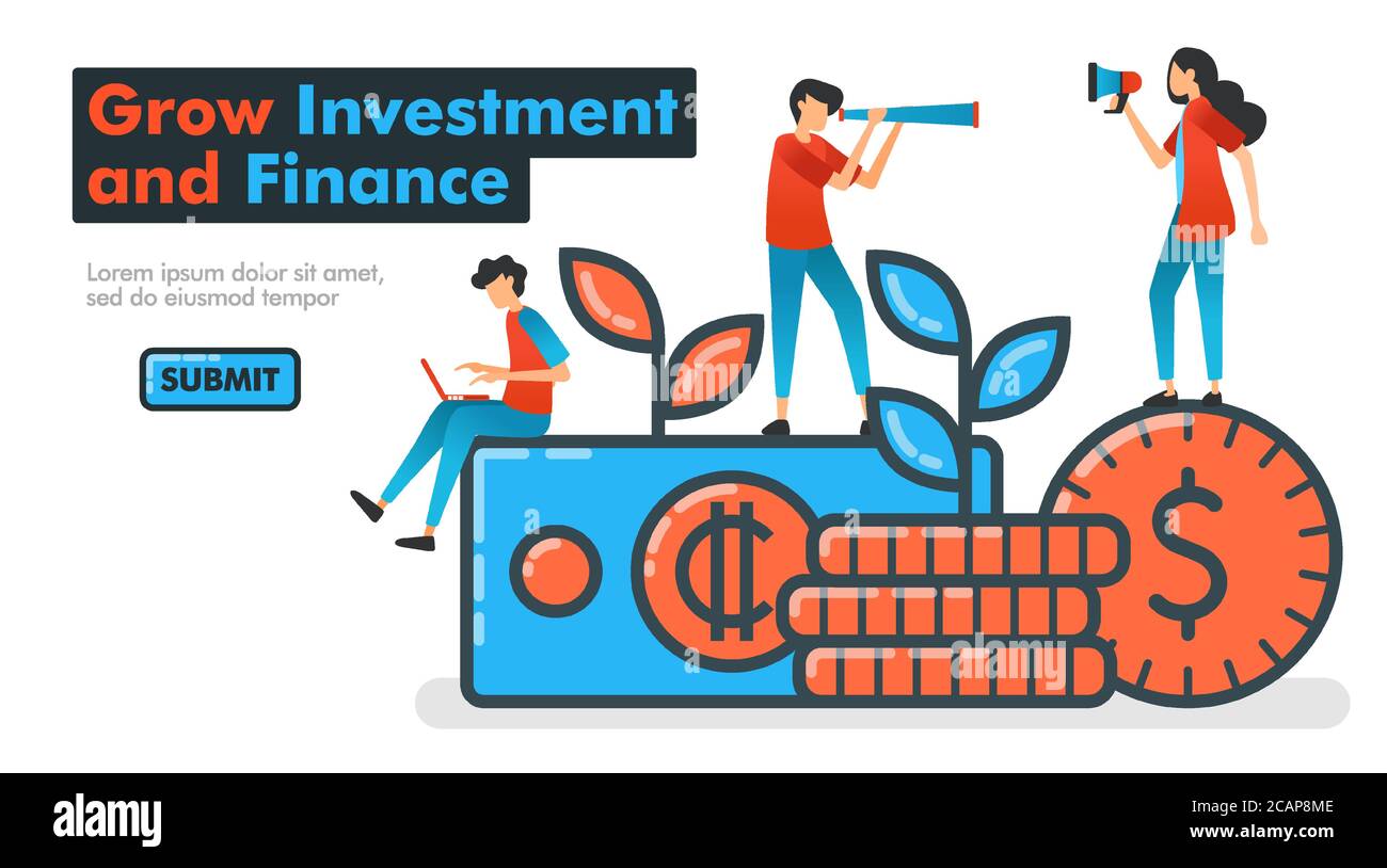 Grow Investment and Finance line illustrazione vettoriale. Investire denaro per far crescere le attività finanziarie e aspettarsi una crescita di profitto enorme. Cercando e promuovendo io Illustrazione Vettoriale