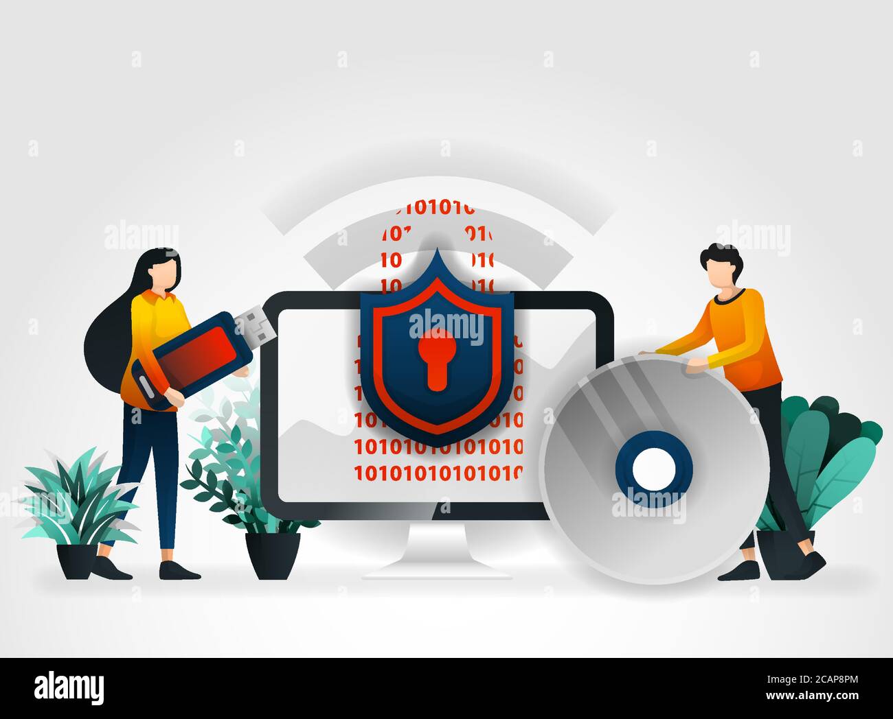 carattere cartoon piatto. le persone proteggono i dispositivi di archiviazione come unità flash, dischi rigidi, compact disk con antivirus. indust di sicurezza software online Illustrazione Vettoriale
