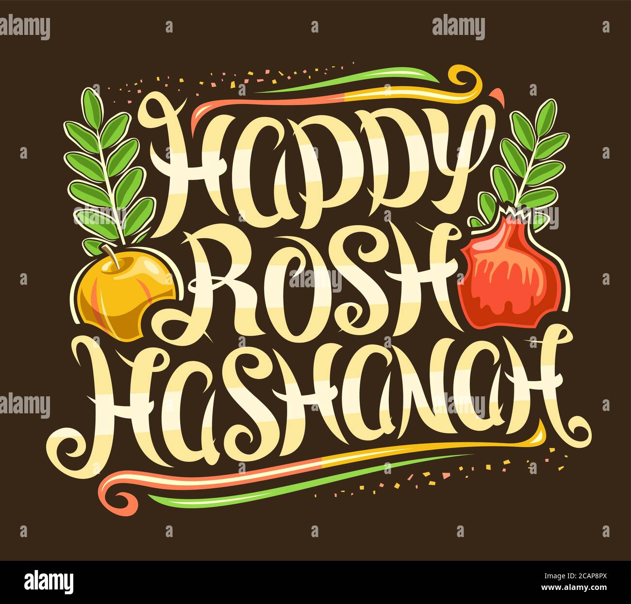 Manifesto vettoriale per l'ebreo Rosh Hashanah, carattere calligrafico creativo, mela cartoon e melograno per il nuovo anno ebraico, placard quadrato decorativo con Illustrazione Vettoriale