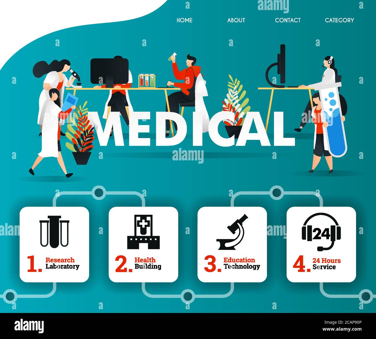 Scienziato e medico stanno esaminando PROBLEMI MEDICI per facilitare il paziente. Può utilizzare per, landing page, modello, ui, web, app mobile, banner, illustrati Illustrazione Vettoriale