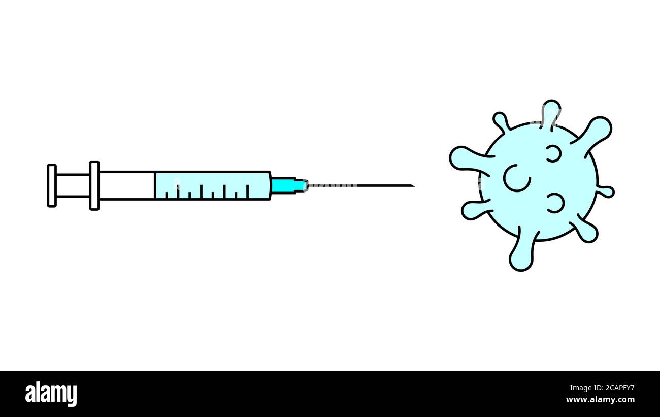 Il vaccino COVID-19 esplica il coronavirus. Scoperta di vaccini. Siringa con ago rivolto verso l'icona del virus. Vaccinazione del coronavirus e immunizzazione.vettore Illustrazione Vettoriale