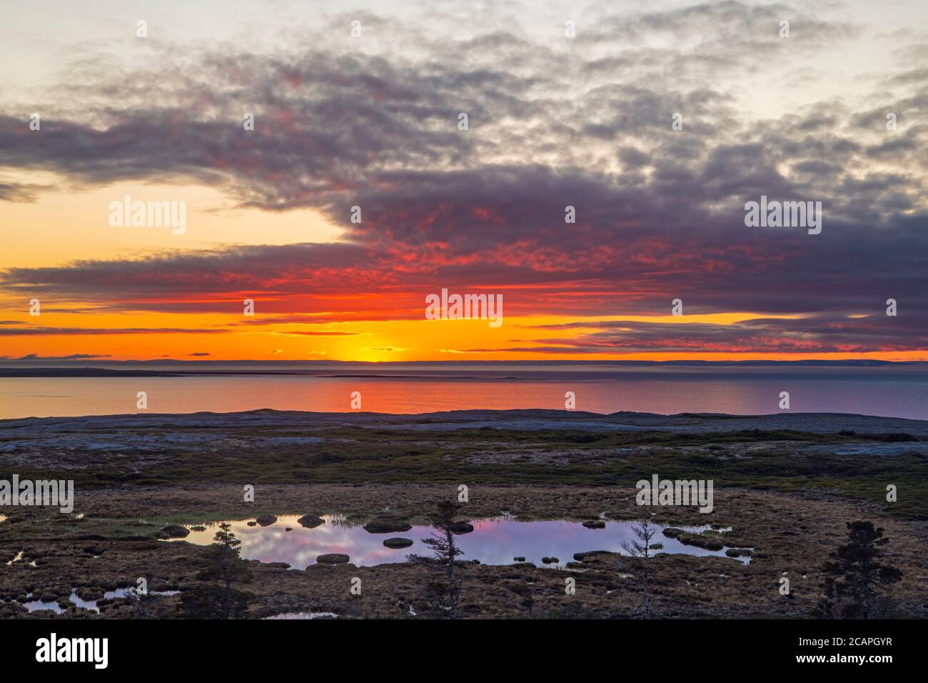 Tramonto su Pistolet Bay, Burned Cape Ecological Preserve, Raleigh, Terranova e Labrador NL, Canada Foto Stock