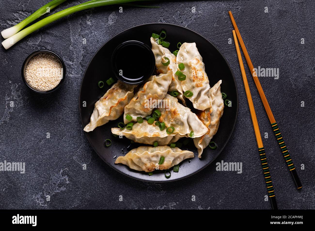 Gnocchi fritti Gyoza su un piatto su fondo grigio di cemento, vista dall'alto Foto Stock