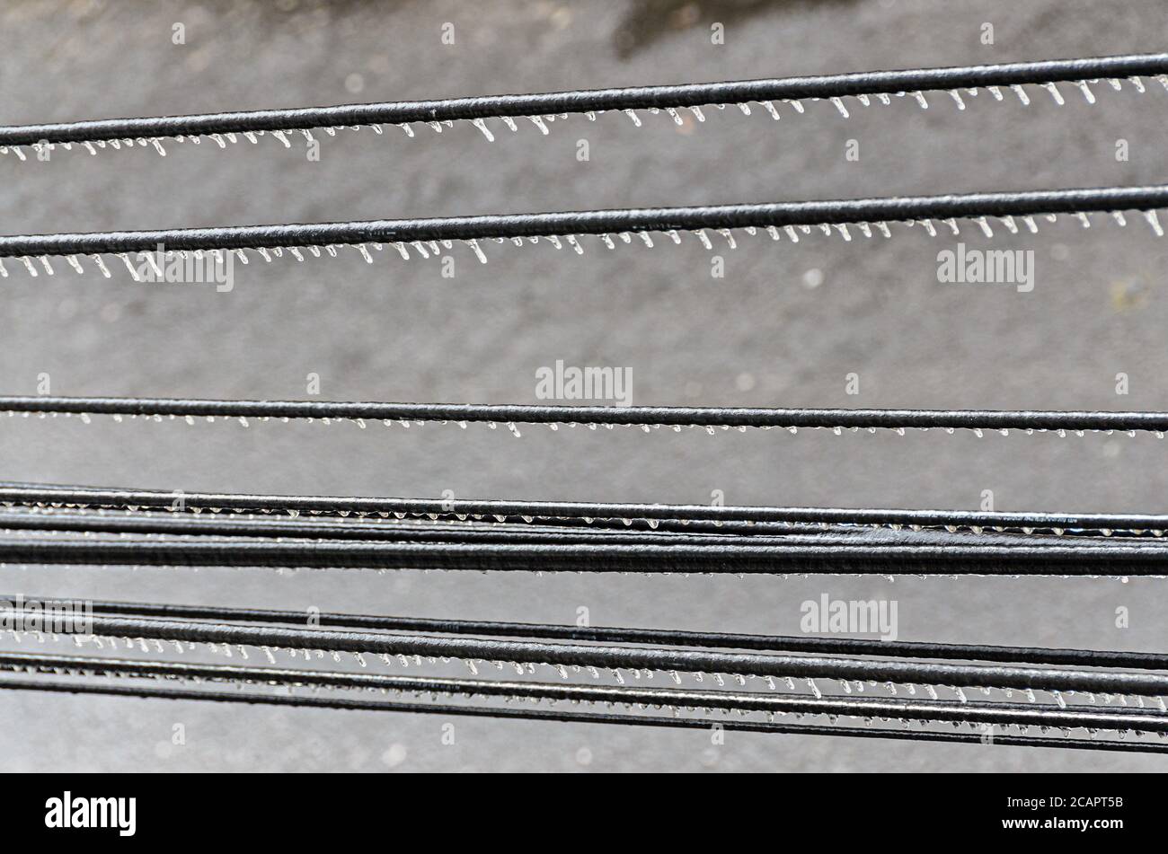 Congelare i fili esterni coperti da pioggia, ghiaccio profondo. Foto Stock
