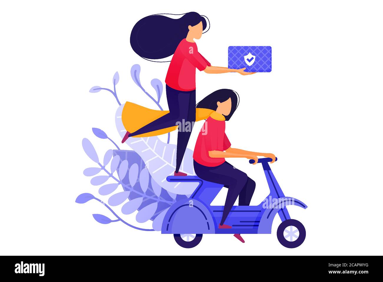 Due ragazze del corriere che trasportano le merci sugli scooters. Servizio di trasporto del corriere di consegna logistica per e-Commerce. Illustrazione vettoriale concetto di carattere per Illustrazione Vettoriale