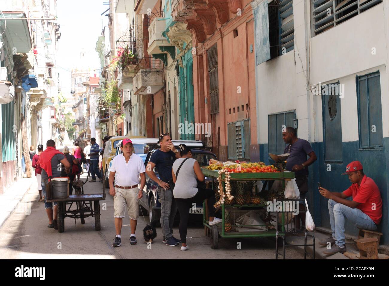 Scena di strada, l'Avana, Cuba, la vendita di frutta, il trasporto del latte Foto Stock