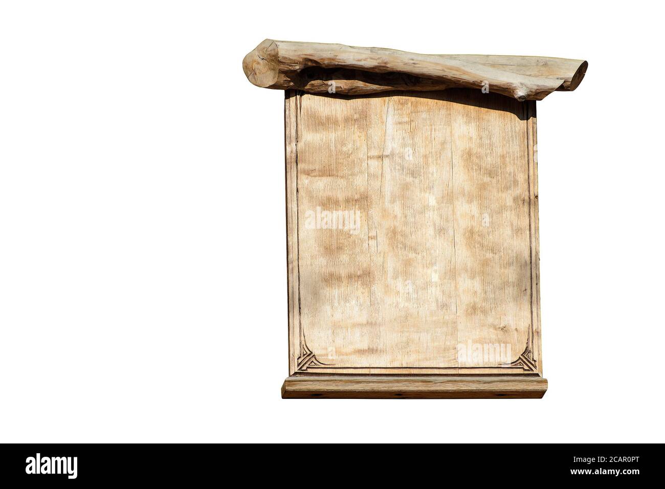 Tavola di legno a forma di un rotolo di pergamena. Isolato su sfondo bianco. Foto Stock