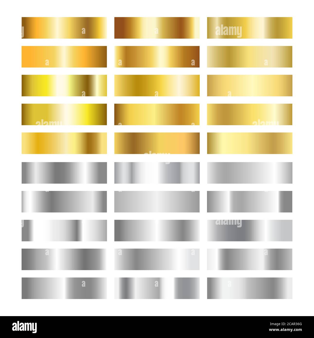 Collezione di texture sfumate in oro e argento. Set sfondo oro e grigio. Modello gradiente in rame, ottone, metallo cromato grigio. Glitter design f Illustrazione Vettoriale