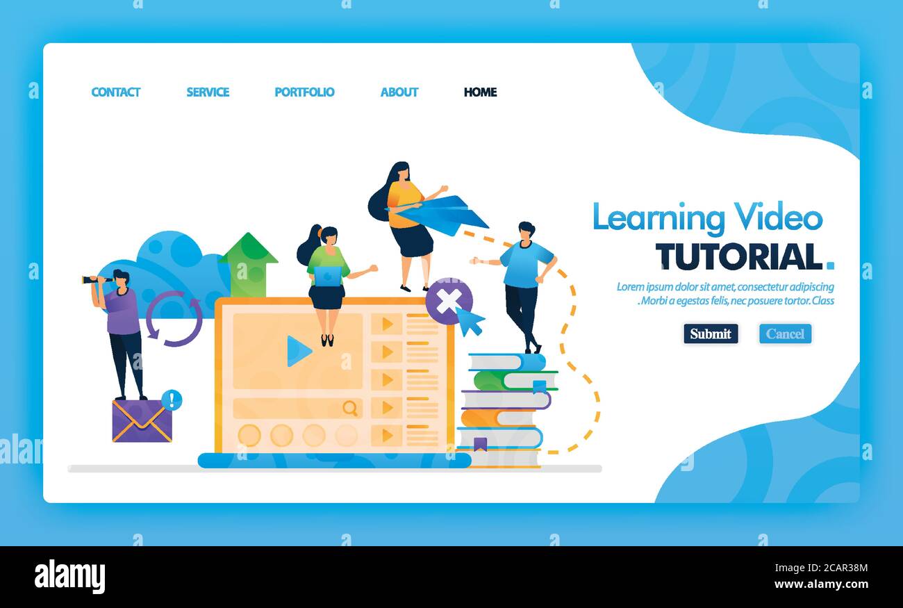 Apprendimento Video Tutorial Landing page vettore blu concetto con carattere e icona cartoon piano. homepage design può essere utilizzato per landing page, web, mobil Illustrazione Vettoriale