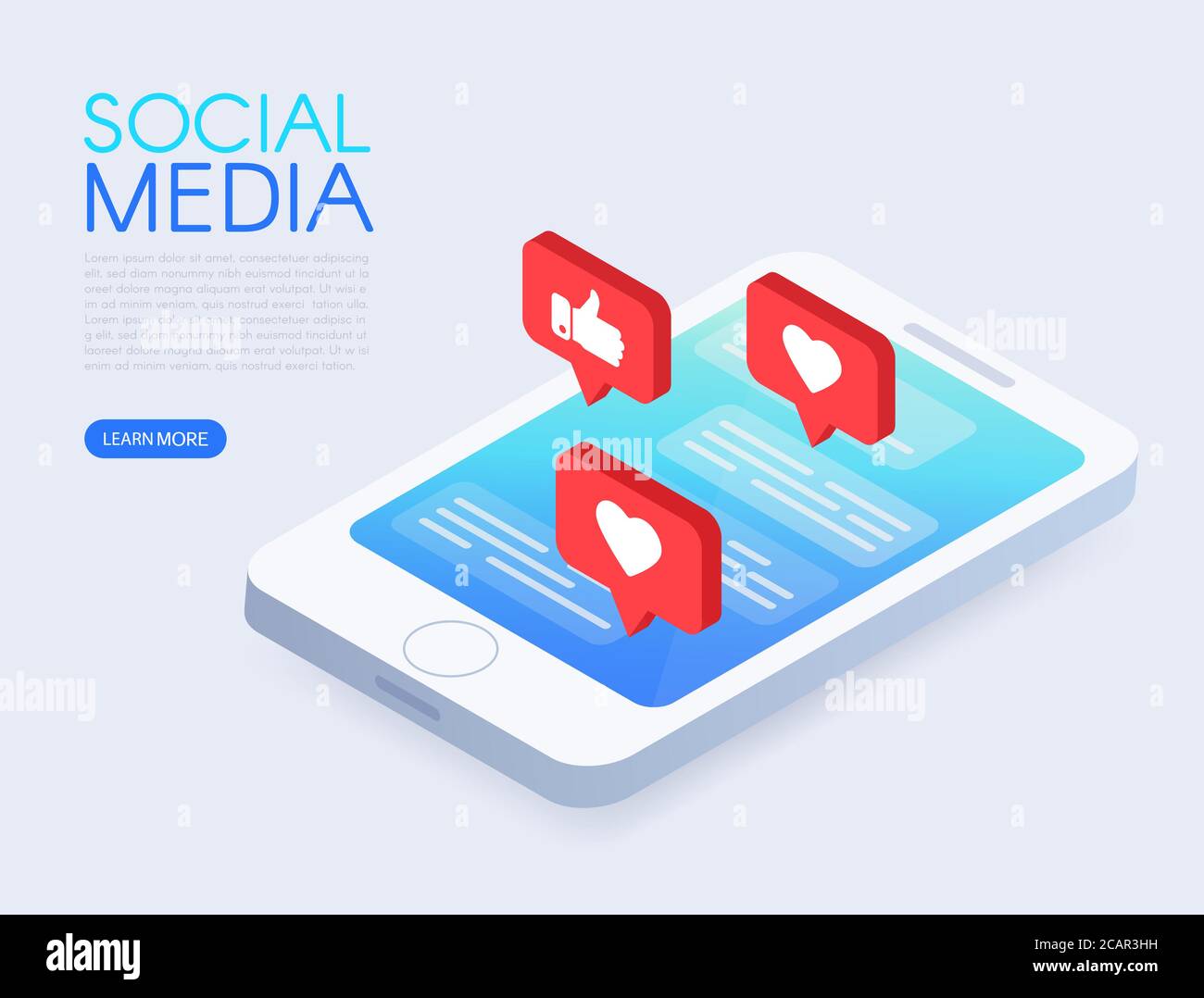 Concetto di social chat con telefono isometrico e mi piace. Telefono isometrico con notifiche push. Progettazione di social media. Schermo con gradiente moderno. Comuni Illustrazione Vettoriale