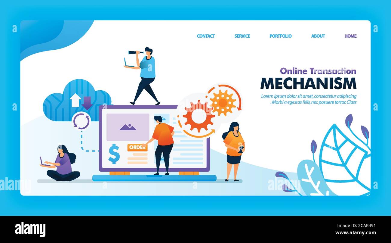 Design vettoriale della landing page del meccanismo delle transazioni online. Facile da modificare e personalizzare. Pagina web, sito web, homepage, mobile Illustrazione Vettoriale