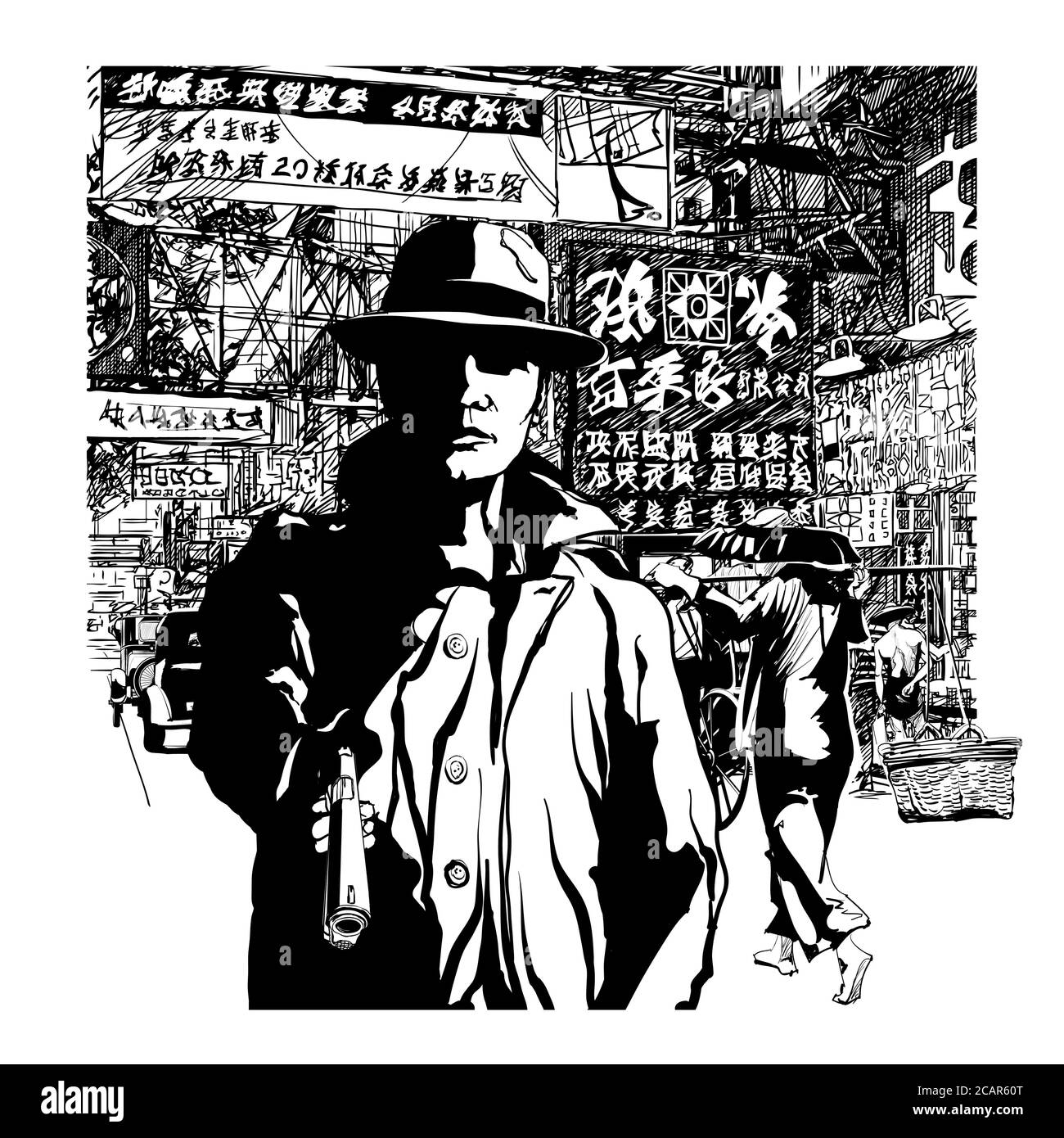 Gangster con una pistola in chinatown - illustrazione vettoriale (ideale per la stampa su tessuto o carta, poster o carta da parati, decorazione della casa) tutti i chines carac Illustrazione Vettoriale