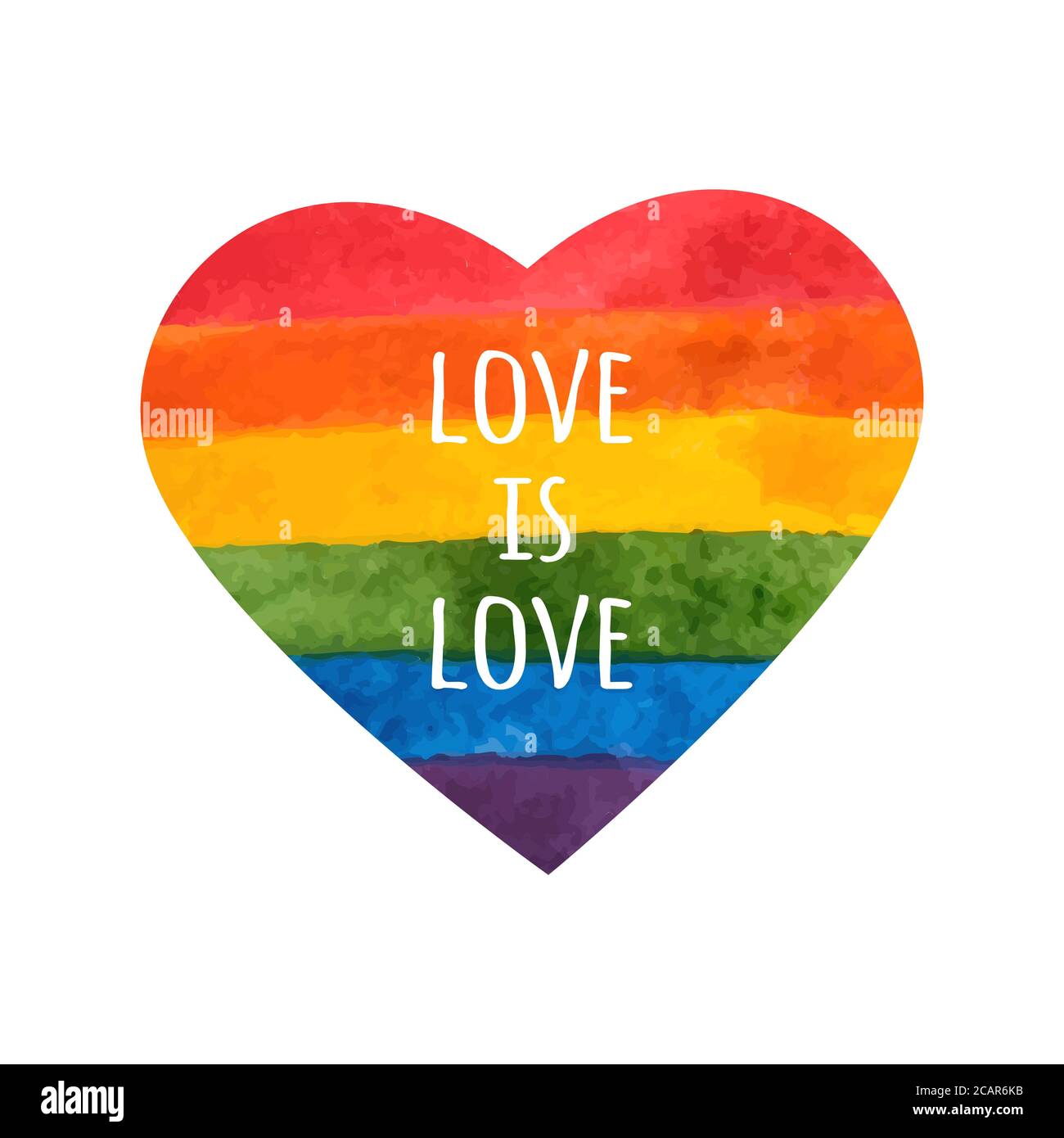 Arcobaleno cuore. L'amore è amore - slogan dell'orgoglio. Cuore LGBT. Arcobaleno dipinto a mano. Cartellino del giorno di tolleranza. Illustrazione vettoriale. Illustrazione Vettoriale