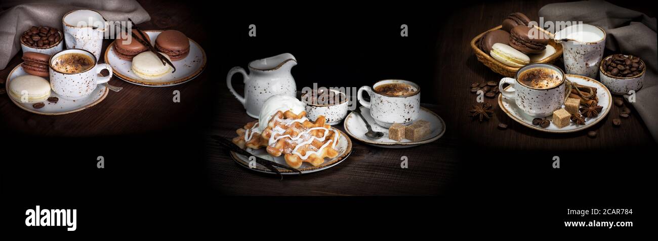 Tazza di caffè, waffle, gelato, biscotti alle mandorle e chicchi di caffè su sfondo scuro. Panorama per lo splashback Foto Stock
