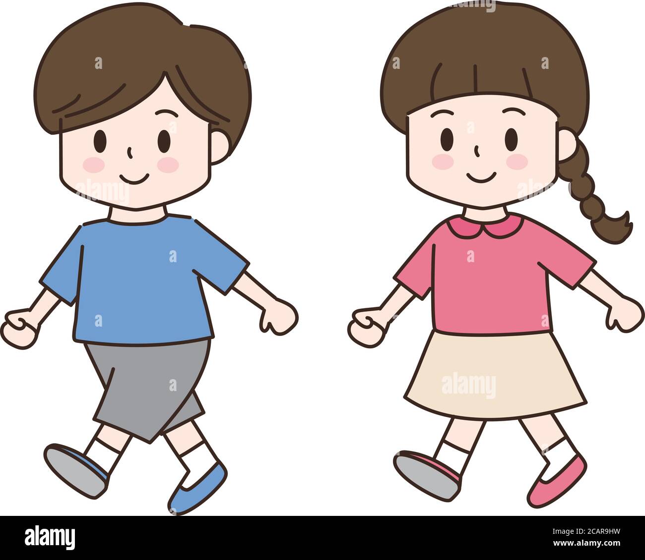Ragazzo e ragazza che camminano vivaci. Illustrazione vettoriale isolata su sfondo bianco. Illustrazione Vettoriale