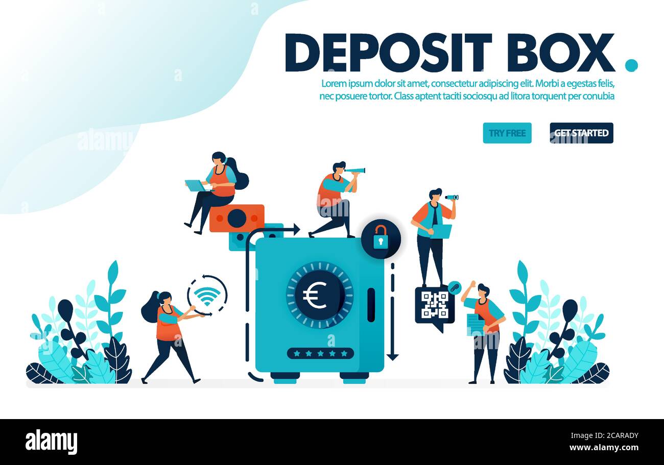 Illustrazione vettoriale concetto di cassetta di sicurezza. Le persone si assicurano e risparmiano denaro nelle banche, risparmiano e investono con le banche. Progettato per landing page, Web, Illustrazione Vettoriale