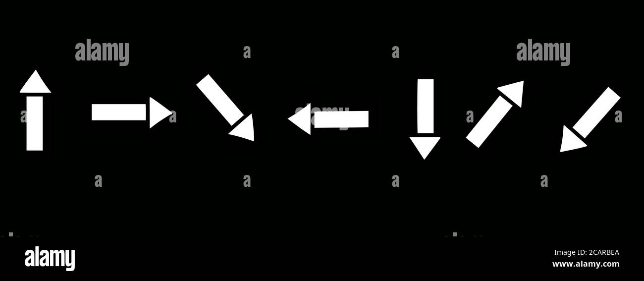 Insieme di frecce bianche in diverse direzioni su sfondo nero per la progettazione di siti web, articoli, banner e modelli. Illustrazione Vettoriale