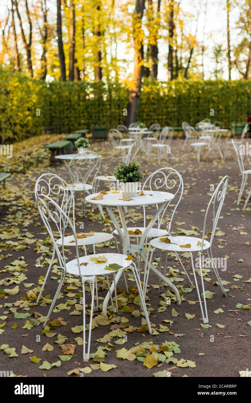 Vista di bei tavoli e sedie in metallo bianco vintage con foglie cadute in un vuoto parco autunnale a San Pietroburgo.Giardino estivo in bassa stagione. Riposo Foto Stock