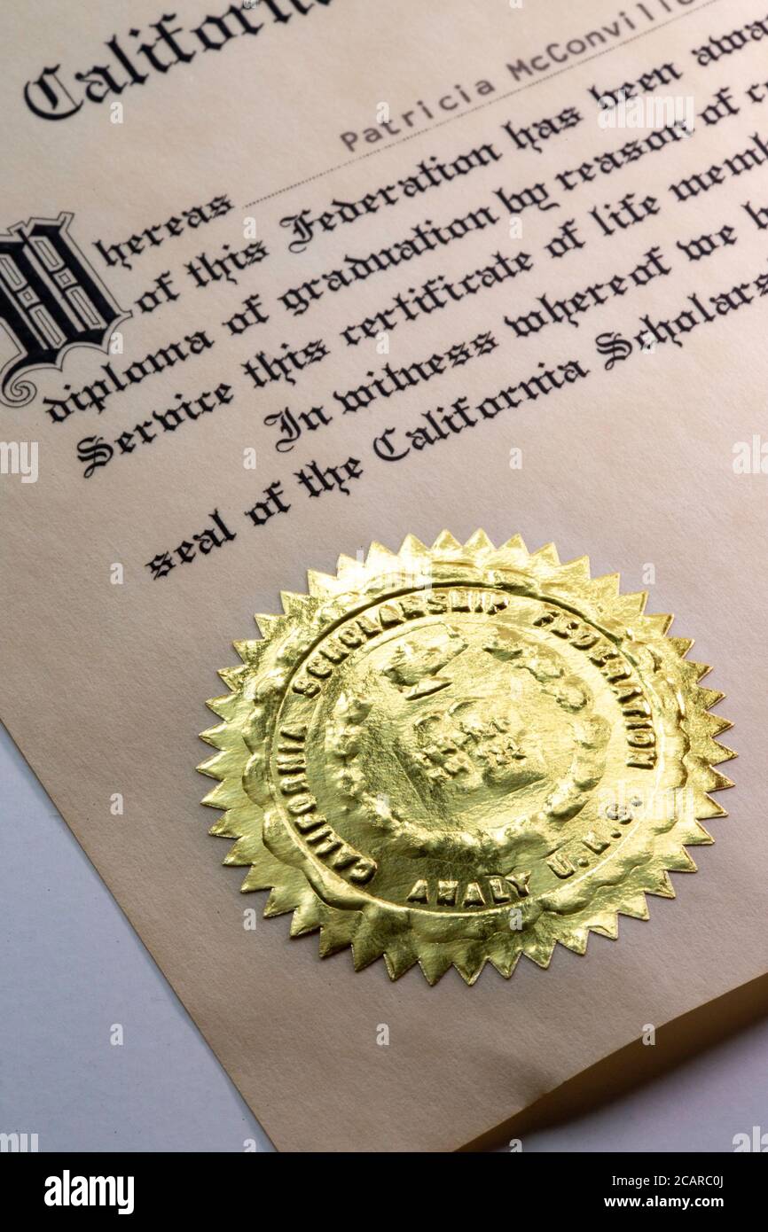 1967 certificato di iscrizione vitalizia California Scholarship Federazione, STATI UNITI D'AMERICA Foto Stock