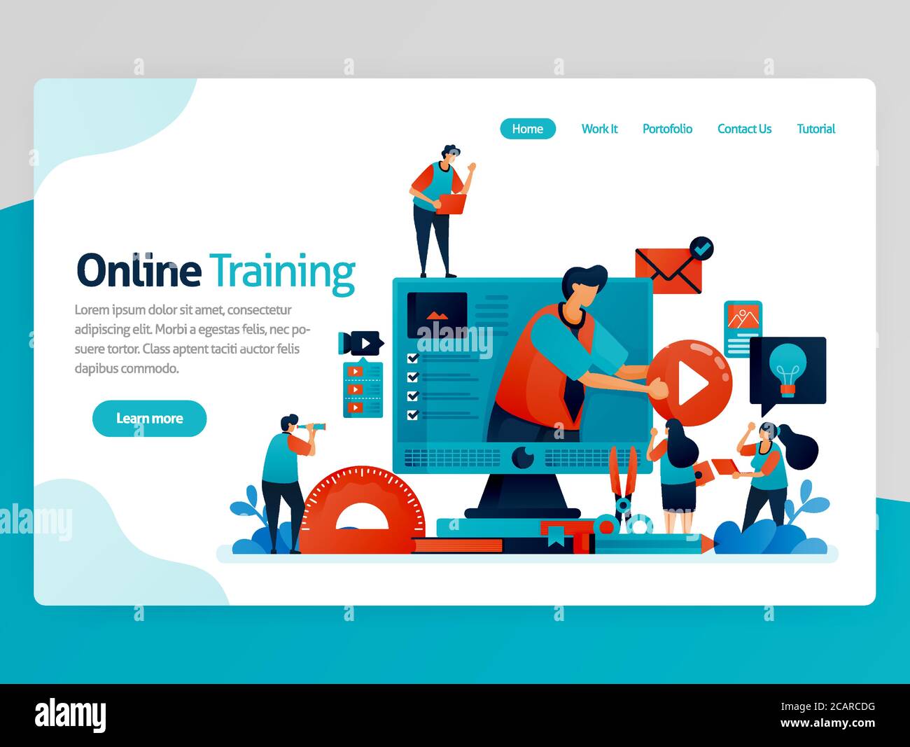 Illustrazione vettoriale per la landing page del training online. Web e app di apprendimento. Istruzione moderna, apprendimento a distanza e elearning. Corsi interattivi An Illustrazione Vettoriale