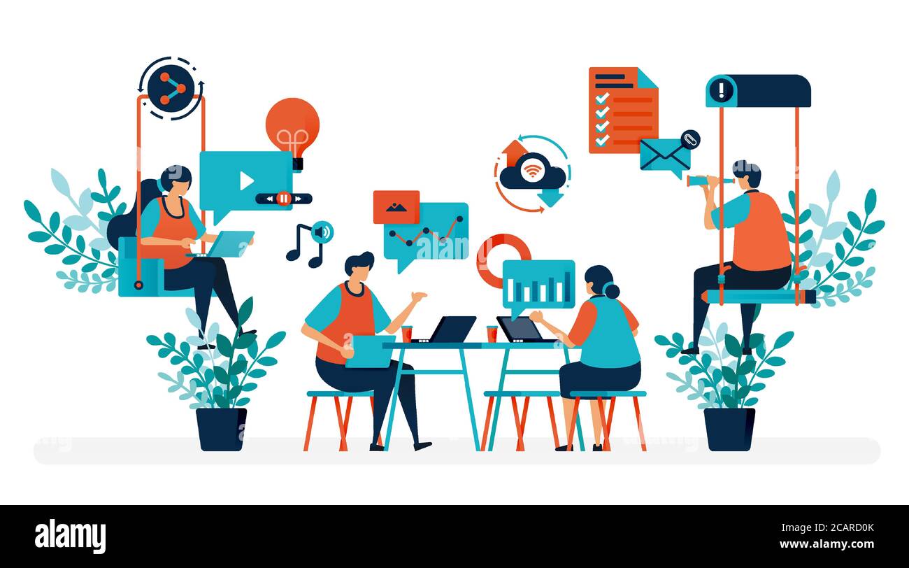 Brainstorming per risolvere il problema. Ufficio startup con swing. Ambiente di lavoro moderno o spazio per i colleghi. Gioco e lavoro. Illustrazione vettoriale piatta per l'atterraggio pa Illustrazione Vettoriale