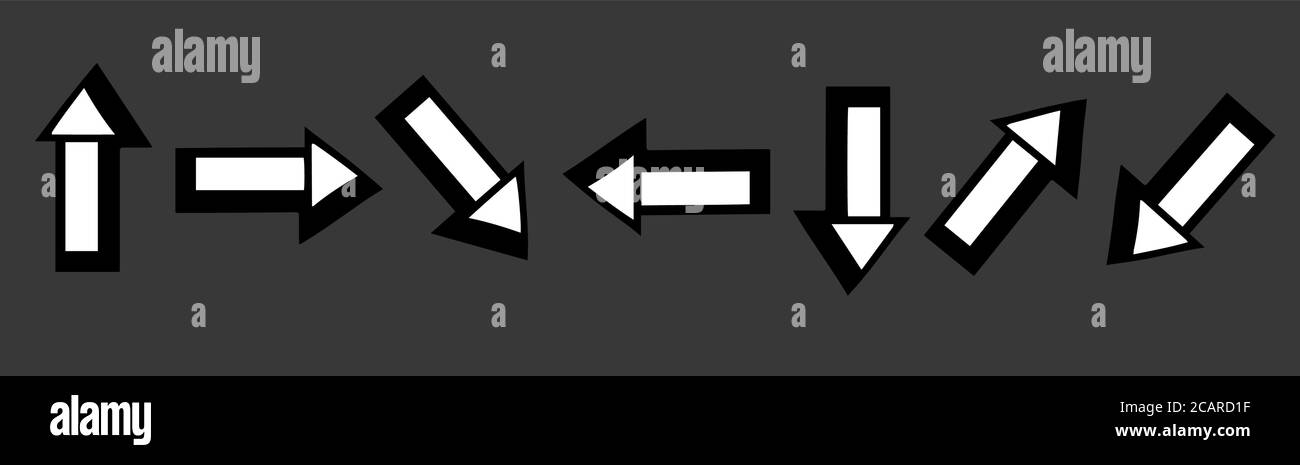 Insieme di frecce bianche in diverse direzioni su sfondo nero per la progettazione di siti web, articoli, banner e modelli. Illustrazione Vettoriale
