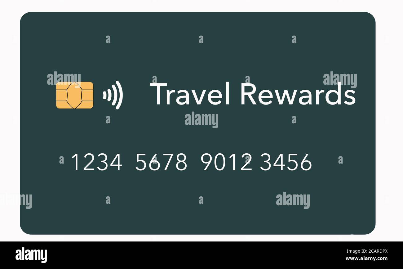 Una carta di credito Travel Rewards viene vista isolata su uno sfondo chiaro. Si tratta di una carta fittizia o generica. Si tratta di una dozzina di diversi tipi di credito Foto Stock