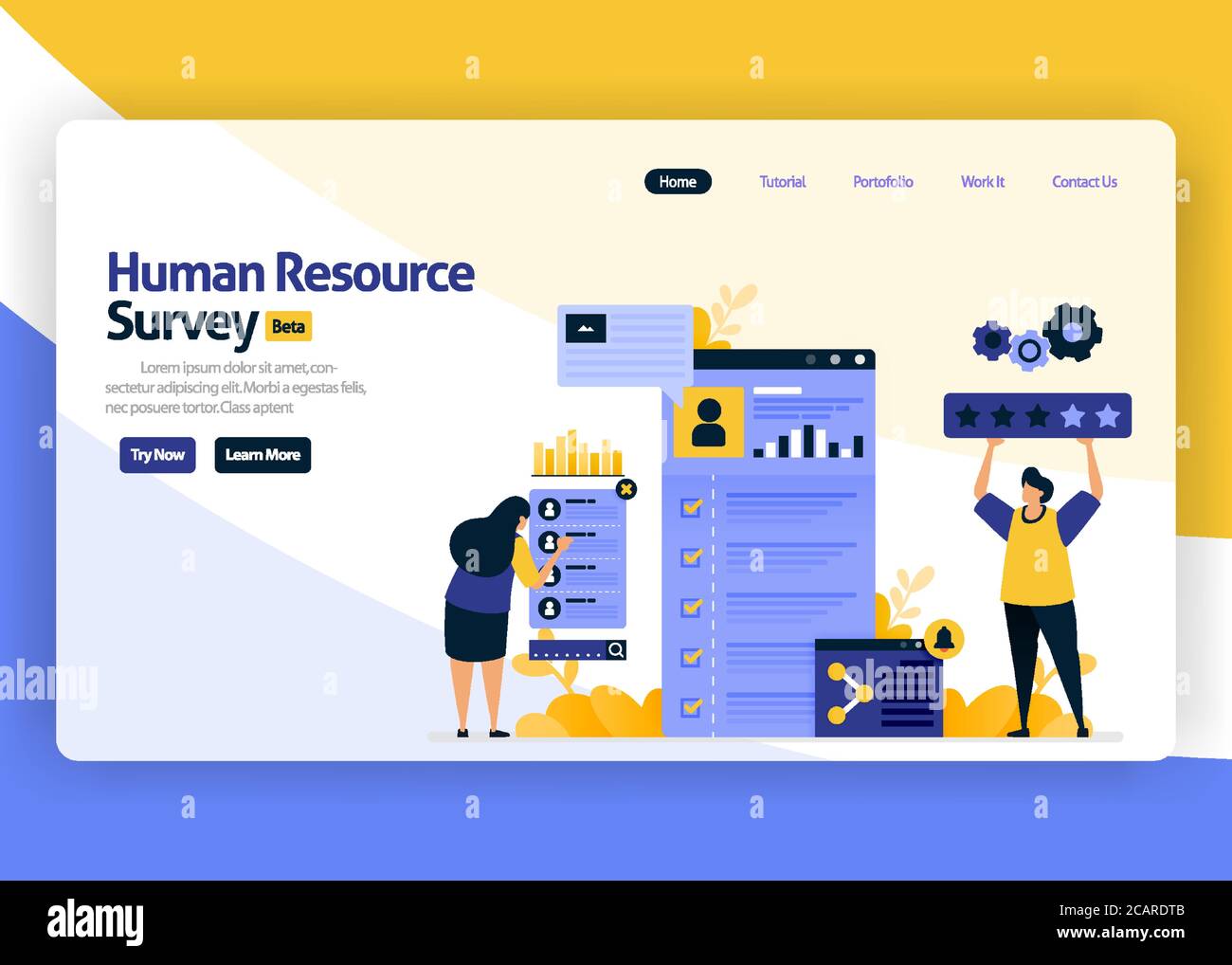 landing page vettore flat design illustrazione del sondaggio sulle risorse umane per la revisione assunzioni dipendenti e ricerca di lavoro reclutamento. Feedback sulla soddisfazione. Illustrazione Vettoriale