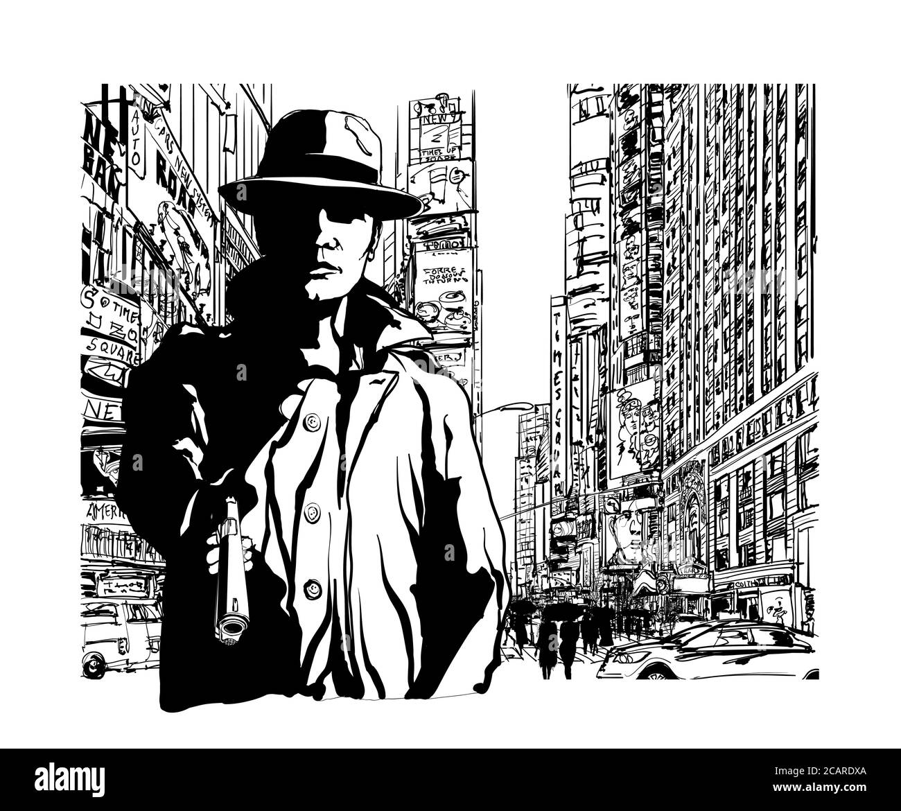 Gangster con una pistola a Manhattan New York - illustrazione vettoriale (Id eal per la stampa su tessuto o carta, poster o carta da parati, decorazione della casa) Illustrazione Vettoriale