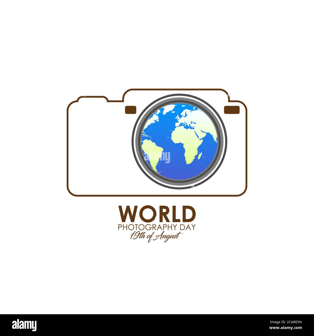 Illustrazione vettoriale della giornata mondiale della fotografia. Agosto 19. Obiettivo della telecamera in forma astratta. Icona o logo Illustrazione Vettoriale