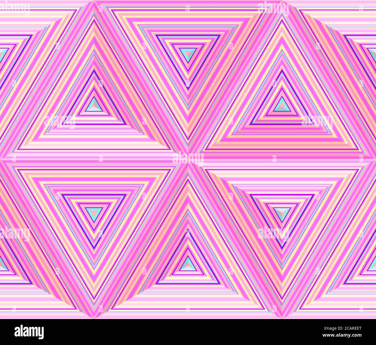 Dimensioni triangolari, sfondo astratto geometrico ripetibile. Mosaico triangoli in colori al neon brillanti - blu, rosa. Modello vettoriale senza giunture. Illustrazione Vettoriale