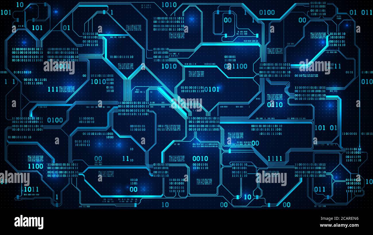 Scheda elettronica futuristica astratta con codice binario, rete neurale e big data - un elemento di intelligenza artificiale, sfondo matrice Illustrazione Vettoriale