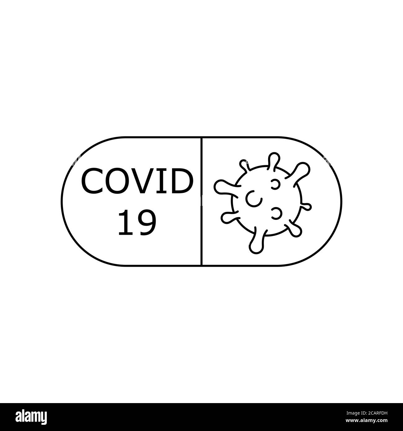 COVID-19 pillola. Cura per l'infezione da coronavirus. Farmaco antivirale. Icona linea. Capsula medicinale con testo COVID-19 e icona del virus. Contorno nero. Vettore Illustrazione Vettoriale