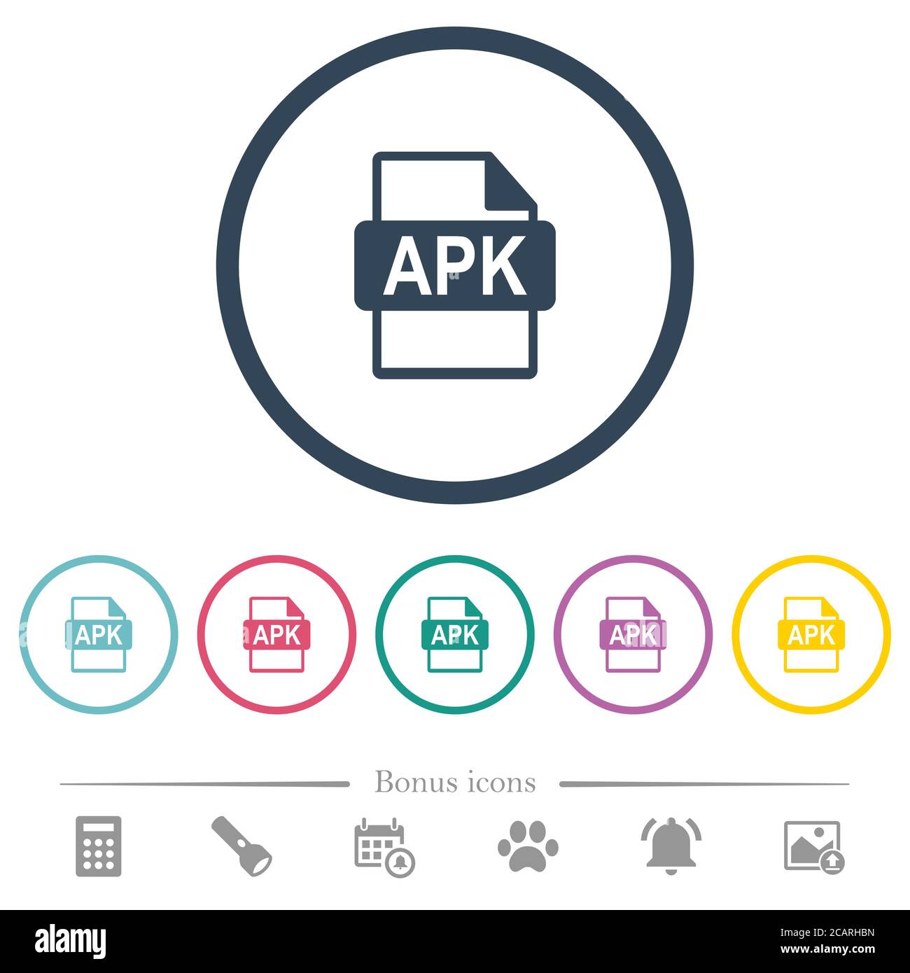 Icone a colori piatte in formato file APK con contorni arrotondati. 6 icone bonus incluse. Illustrazione Vettoriale