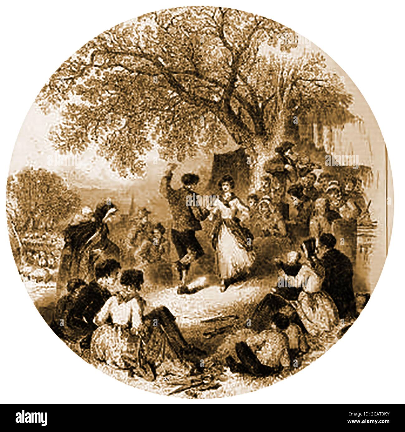 Costumi e tradizioni inglesi - un'incisione del 1845 che raffigura la festa tradizionale e le festività dopo il tosatura delle pecore erano state completate (di solito in giugno / luglio). Fin dal medioevo, quando il commercio inglese della lana era una delle parti più importanti dell'economia inglese. La tosatura delle pecore di mezza estate culminò tradizionalmente con la festa della tosatura delle pecore dopo il lavaggio delle pecore. Foto Stock