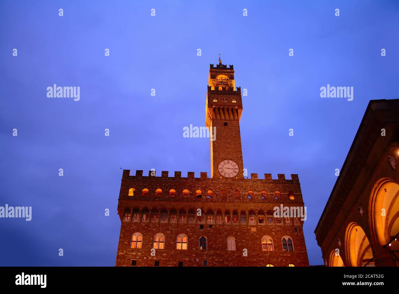 Palazzo Vecchio e Loggia de Lanzi di notte, Firenze Foto Stock