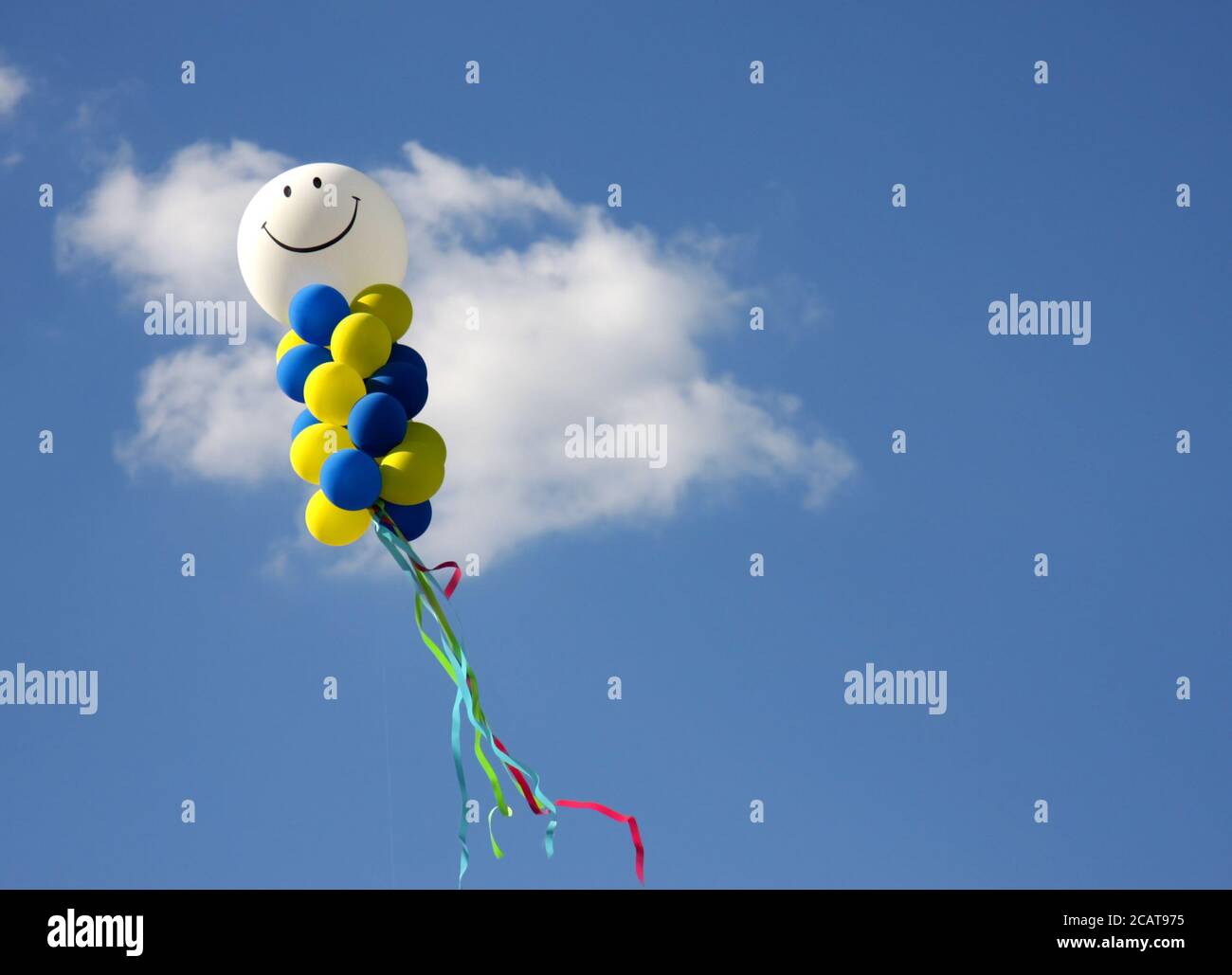 Una mongolfiera sorridente si fa strada verso l'alto nel cielo estivo. Foto Stock