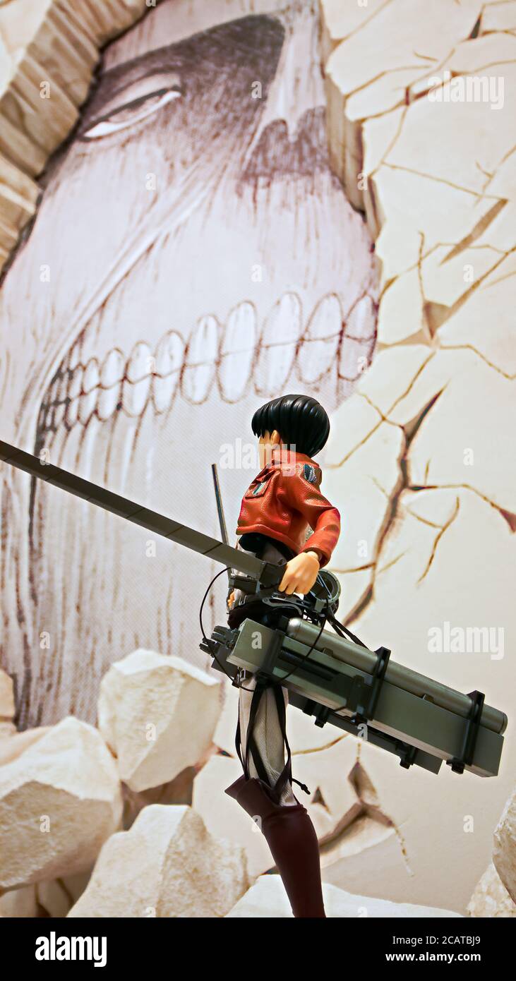 Kobe,Japan - Agosto 07,2020 : numerose mostre alla mostra `Attack on Titan` (Shingeki no Kyojin) tenuta da Attack on Titan a Daimaru Kobe Mise. Foto Stock