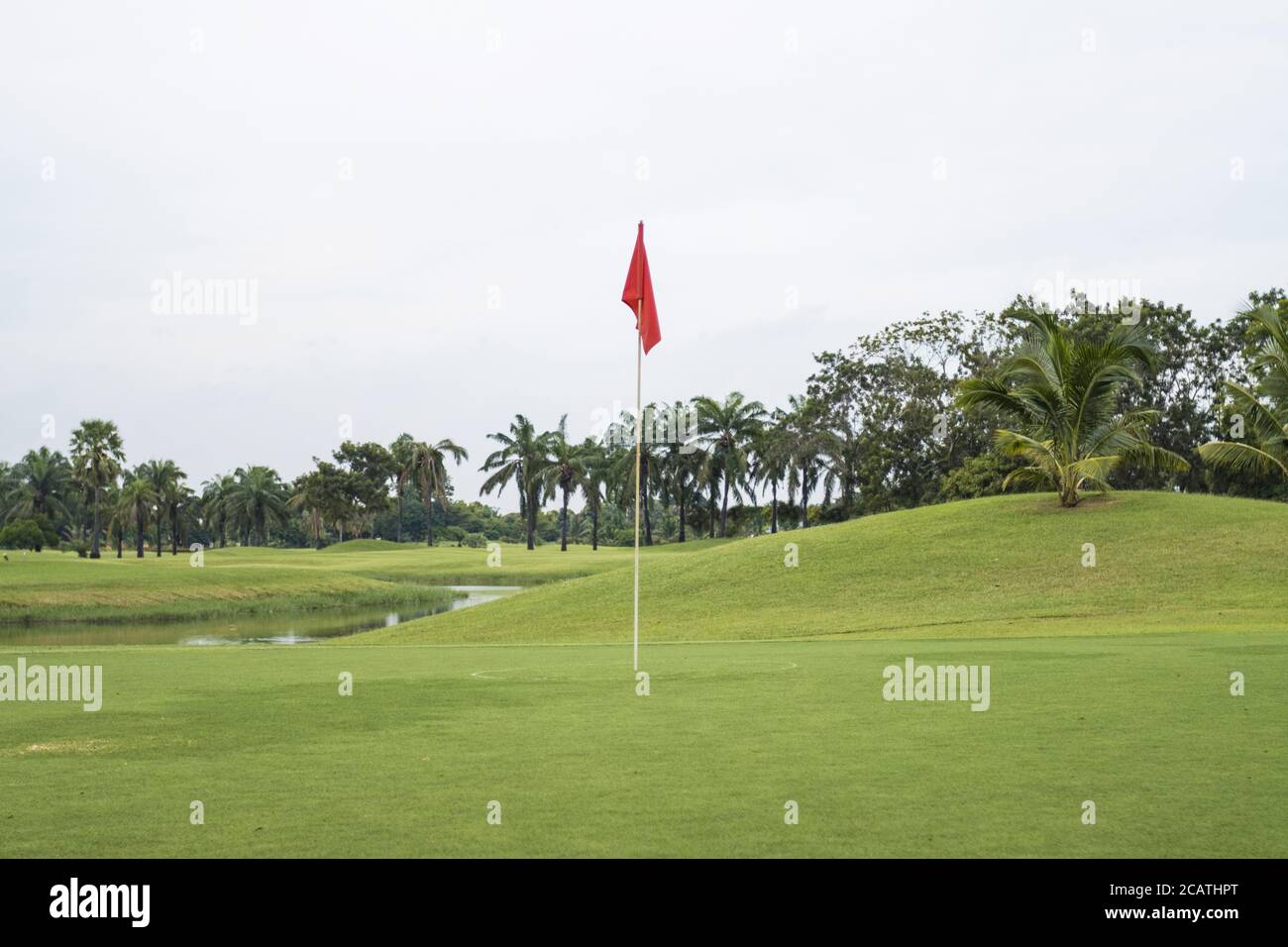 Bandiera rossa sull'erba nel campo da golf del verde Foto Stock