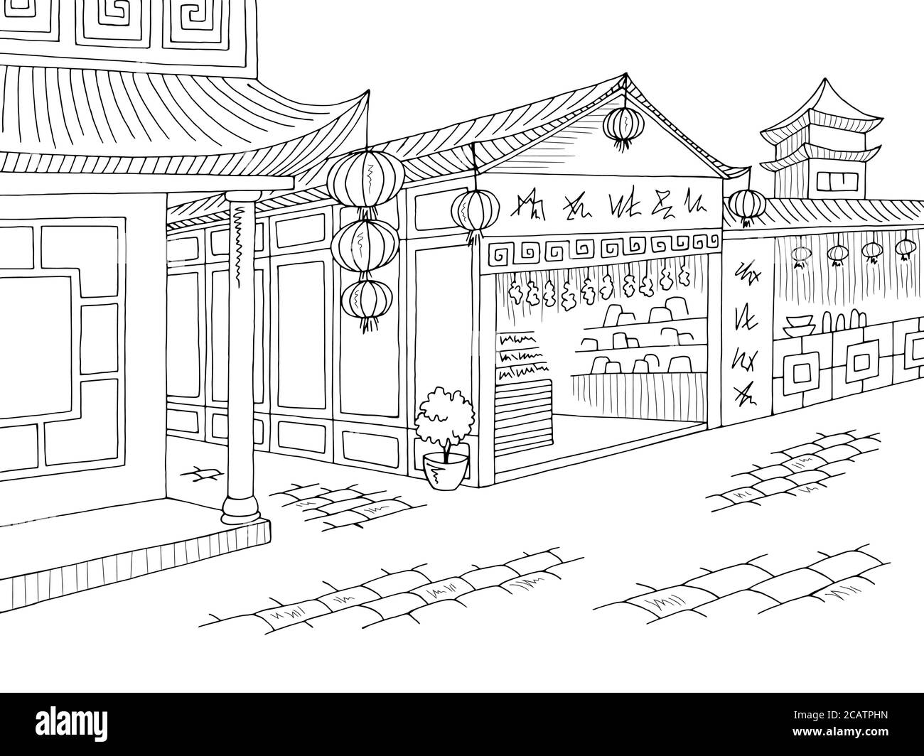 Asia vecchia strada grafica nero bianco città paesaggio disegno vettore Illustrazione Vettoriale