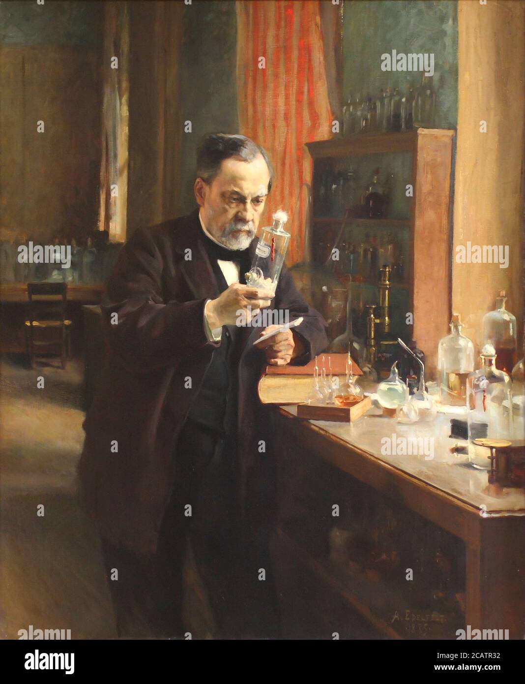 Louis Pasteur nel suo laboratorio, dipinto di Albert Edelfelt nel 1885 [ Louis Pasteur 1822 – 1895 chimico e microbiologo francese rinomato per le sue scoperte dei principi di vaccinazione, fermentazione microbica e pastorizzazione] Foto Stock