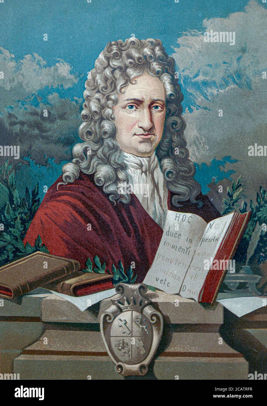 Gottfried Wilhelm (von) Leibniz (Leibnitz) (Leibnitz, 1 luglio 1646 – Leibniz, 14 novembre 1716) è stato un . Dal libro la ciencia y sus hombres : vidas de los sabios ilustres desde la antigüedad hasta el siglo XIX T. 3 [Scienza e suoi uomini: Vite dei saggi illustri dall'antichità al XIX secolo Vol 3] di Figuier, Luigi, (1819-1894); Casabó y Pagés, Pelegrín, n. 1831 pubblicato a Barcellona da D. Jaime Seix, editore , 1879 (Imprenta de Baseda y Giró) Foto Stock