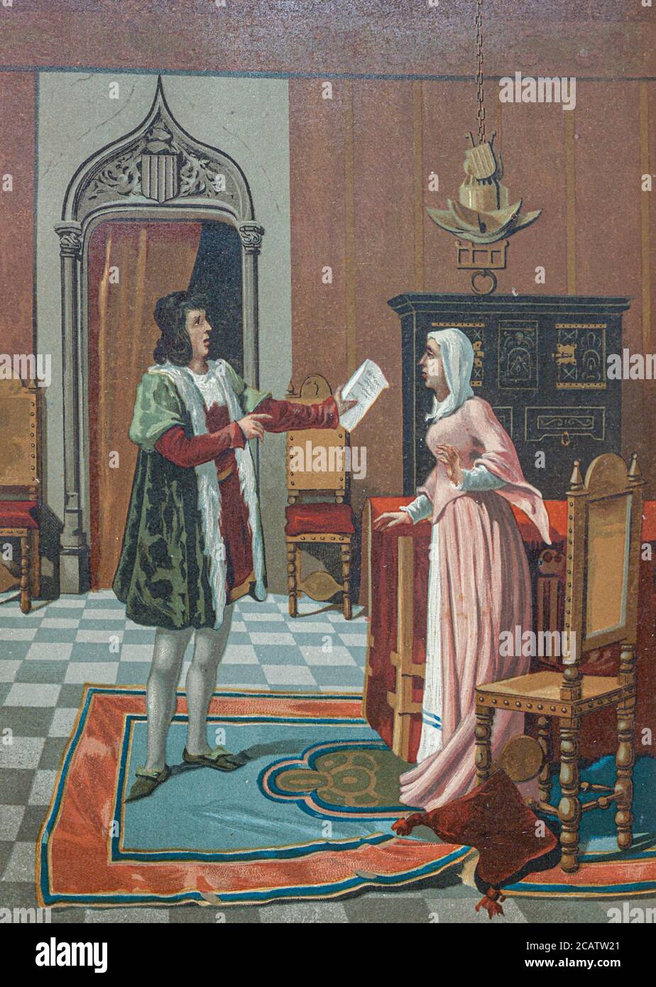 Enrique (Henry) de Aragon con sua moglie che è stata eletta Maestro di Calatrava [D. Enrique de Aragon Partita a su essa que ha sido Elecido Maestre de Calatrava] dal libro la ciencia y sus hombres : vidas de los sabios ilustres desde la antigüedad hasta el siglo XIX T. 3 [Scienza e suoi uomini: Vite dei saggi illustri dall'antichità al XIX secolo Vol 3] di Figuier, Luigi, (1819-1894); Casabó y Pagés, Pelegrín, n. 1831 pubblicato a Barcellona da D. Jaime Seix, editore , 1879 (Imprenta de Baseda y Giró) Foto Stock