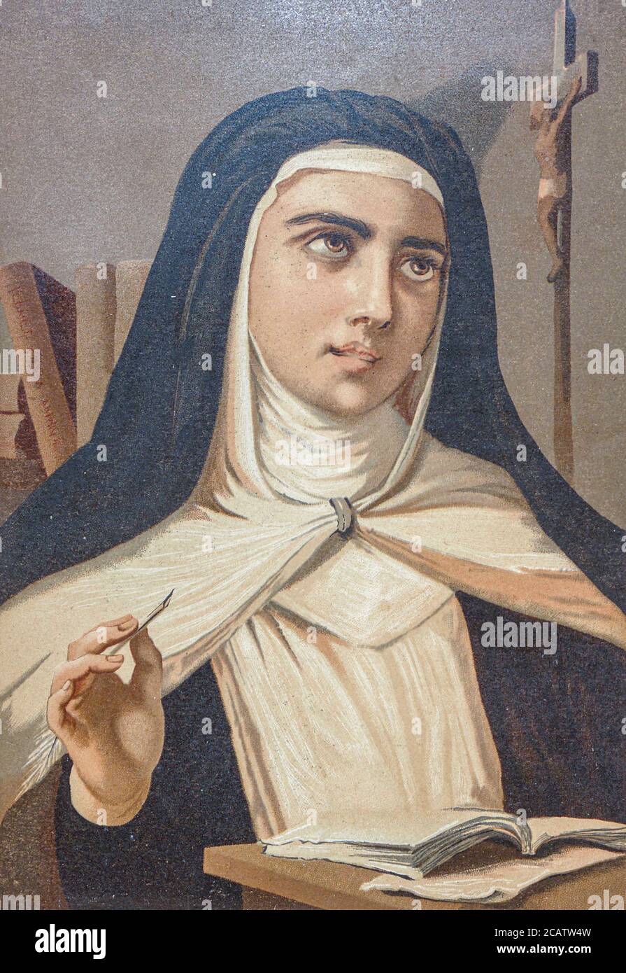 Teresa d'Avila, nata Teresa Sanchez de Cepeda y Ahumada, detta anche Santa Teresa di Gesù (28 marzo 1515 – 15 ottobre 1582), è stata una nobildonna spagnola che si sentiva chiamata alla vita in convento nella Chiesa cattolica. Una suora carmelitana, mistica spagnola di spicco, riformatore religioso, autore, teologo della vita contemplativa e della preghiera mentale, dal libro la ciencia y sus hombres : vidas de los sabios ilustres desde la antigüedad hasta el siglo XIX T. 3 [Scienza e suoi uomini: Vite dei saggi illustri dall'antichità al XIX secolo Vol 3] di Figuier, Luigi, (1819-1894); Casabó y Pagés, P. Foto Stock