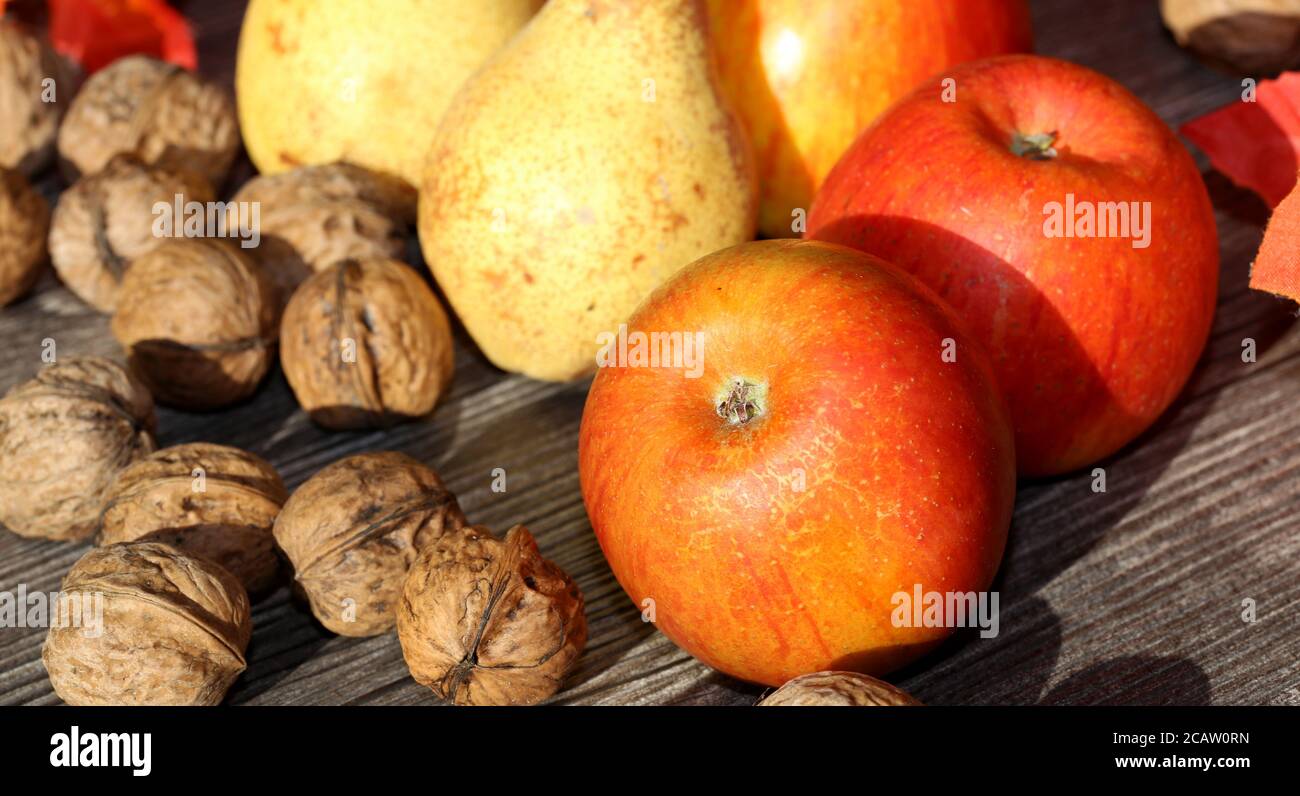 Mele, pere e nocciole su una tavola rustica in legno a motivo dell'autunno Foto Stock