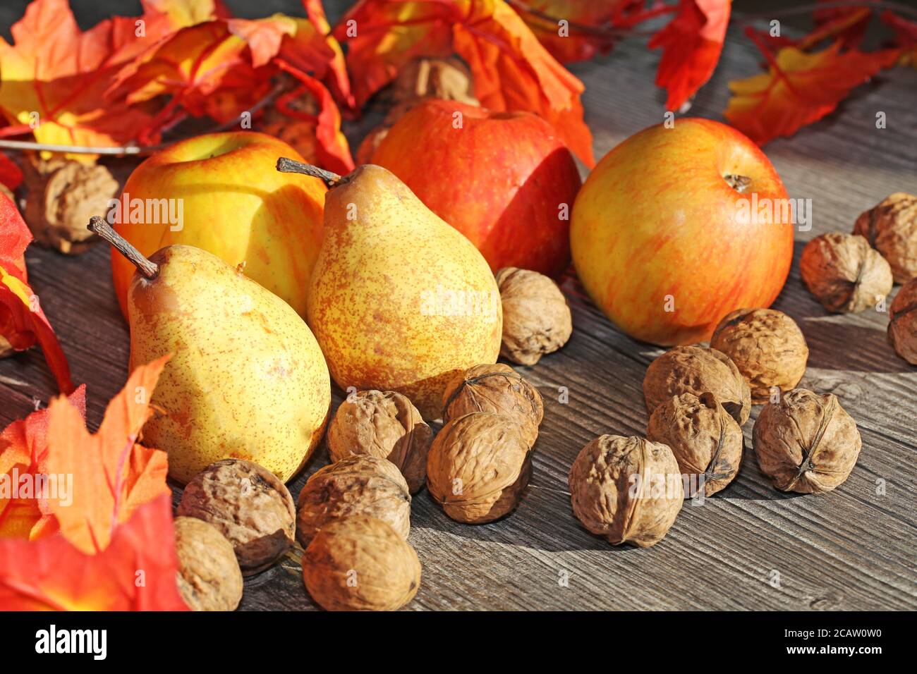 Mele, pere e nocciole su una tavola rustica in legno a motivo dell'autunno Foto Stock