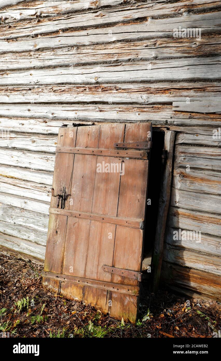 Piccola porta di legno chiusa su un vecchio muro di legno della cabina, Finlandia Foto Stock